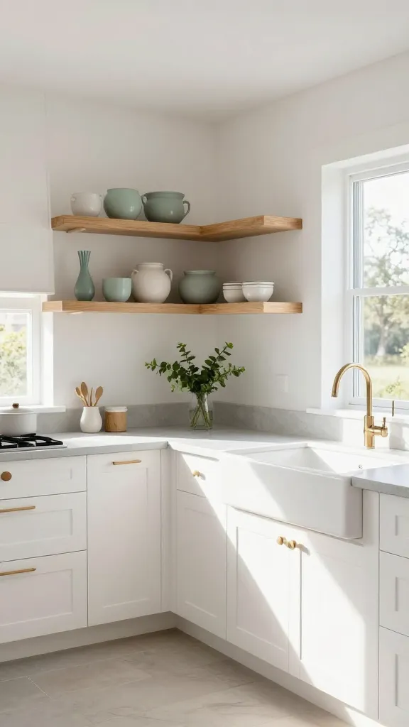 A sun-drenched, airy modern farmhouse kitchen, seamlessly blending minimalist Scandinavian aesthetics with cozy rustic charm. The space features crisp white simple Shaker cabinets and walls, accented by soft gray countertops and a prominent large white farmhouse sink. Abundant natural light floods the room, highlighting warm light oak open shelving adorned with simple ceramic pottery. Subtle pops of muted sage green are introduced through a small plant or a textile. The design emphasizes clean lines, natural materials, and warm textures, creating an inviting and fresh atmosphere. High-quality, realistic photograph, no text.