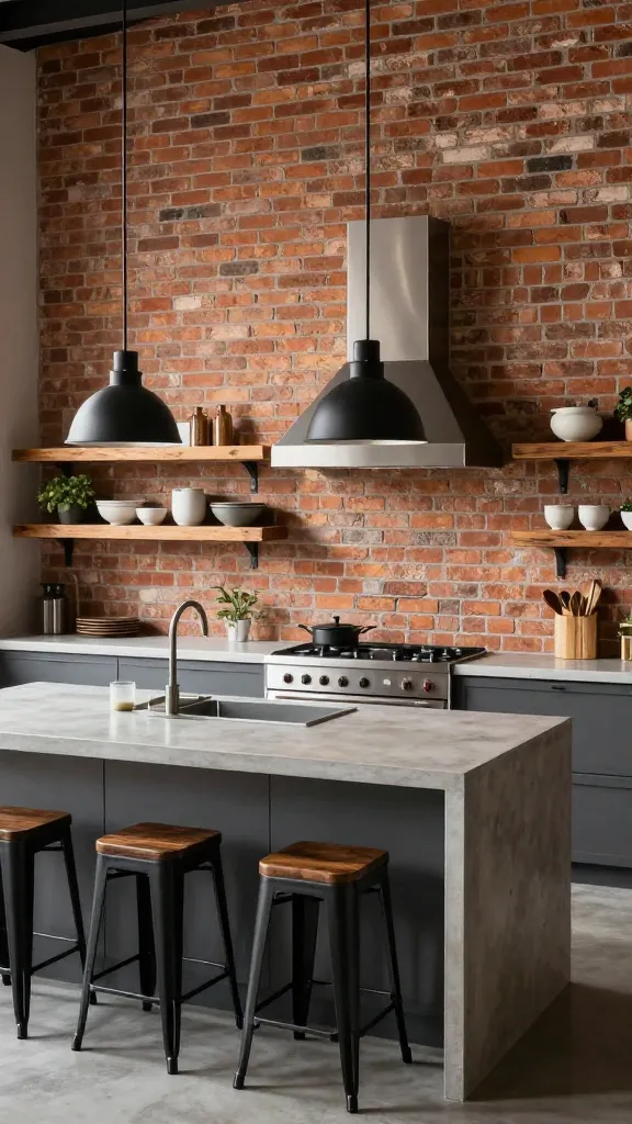A high-angle, professional photograph showcasing a modern farmhouse kitchen with a rustic industrial chic aesthetic. The dominant feature is a textured exposed brick wall, providing a raw, character-rich backdrop. A substantial kitchen island with a smooth, light grey concrete countertop stands centrally, complemented by black metal bar stools with dark wood seats. Above the island, two sleek black metal pendant lights hang, illuminating the surface. Warm reclaimed wood open shelves are mounted against the brick, displaying minimalist ceramic ware and a small green plant. Stainless steel appliances are integrated seamlessly. The space is bathed in soft, natural light, emphasizing the interplay of raw industrial elements and inviting farmhouse warmth. Sharp focus, high detail, realistic photography.