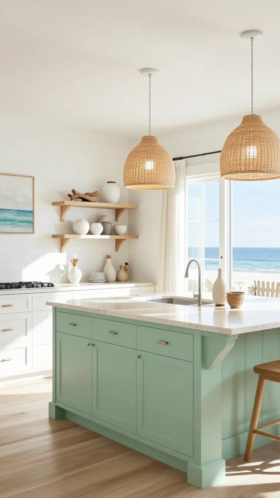 A high-quality, realistic photograph capturing a bright and airy Coastal Farmhouse kitchen, exuding a breezy, serene, and relaxing atmosphere. The walls are extensively covered in crisp white shiplap, reflecting abundant natural light. A prominent kitchen island features a soft seafoam green painted base with a subtly distressed finish, topped by a smooth sandy beige quartz countertop. Three elegant, oversized woven pendant lights hang above the island, providing a warm, diffused glow. White shaker-style cabinetry lines the walls, interspersed with open shelving made from light, driftwood-inspired wood, displaying minimalist white ceramics and a small, artfully arranged piece of genuine driftwood. The flooring is wide-plank, light-toned wood, enhancing the airy feel. A large window, framed by sheer linen curtains, overlooks a tranquil view, allowing ample sunlight to flood the space. Subtle nautical decor elements include a delicate rope-wrapped vase on the island and a framed piece of abstract art with sea-inspired tones. The overall impression is one of seaside serenity and rustic comfort, making the space feel like a constant vacation.