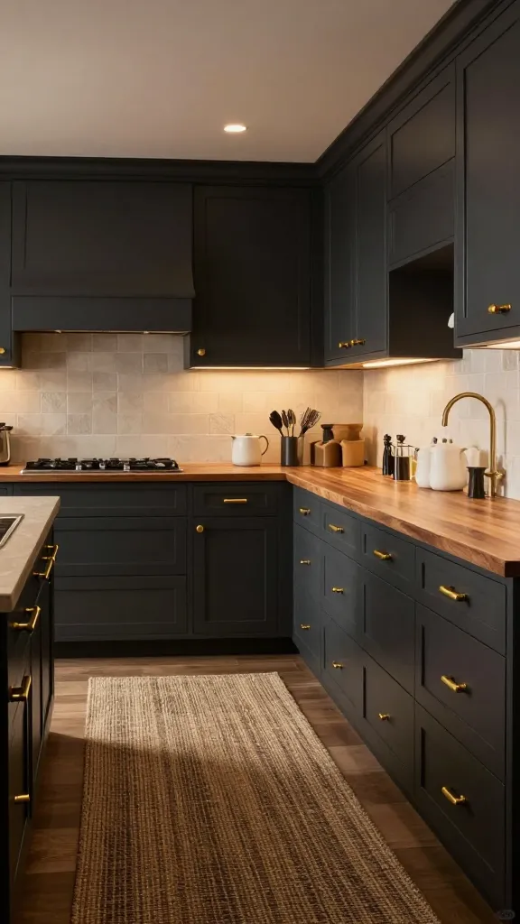 A sophisticated and dramatic modern farmhouse kitchen. The space features deep charcoal gray lower and upper cabinetry, perfectly complemented by warm walnut butcher block countertops. Polished brass hardware gleams on all drawers and cabinet doors. A richly textured, dark natural fiber rug lies on the floor, adding softness and depth. The kitchen is bathed in warm, ambient lighting, creating an intimate, cozy, and luxurious atmosphere, ideal for evening entertaining. High-quality interior photography, realistic, wide shot.
