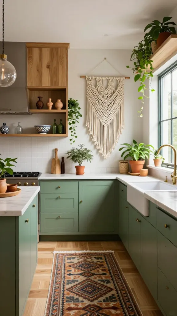 A vibrant and eclectic modern farmhouse kitchen, infused with free-spirited bohemian flair. The space feels wonderfully unconventional and incredibly inviting, showcasing a rich blend of global influences and rustic charm. In the foreground, a patterned runner rug with earthy tones and geometric designs stretches across light wooden floors. Cabinets are a captivating mix: lower cabinets are painted a soft, muted sage green, while upper cabinets feature natural light oak wood grain. A section of open shelving displays an array of quirky, globally-inspired treasures – hand-painted ceramic bowls, small terracotta sculptures, and vintage glass bottles. Abundant potted plants of various sizes and types are strategically placed on countertops, shelves, and hanging from the ceiling, adding lush greenery. A large, intricate macrame wall hanging with fringed details serves as a focal point on a prominent wall. Natural light streams in from a large window, illuminating the layered textures and warm atmosphere. High-resolution, realistic photo, professional interior photography, no text.