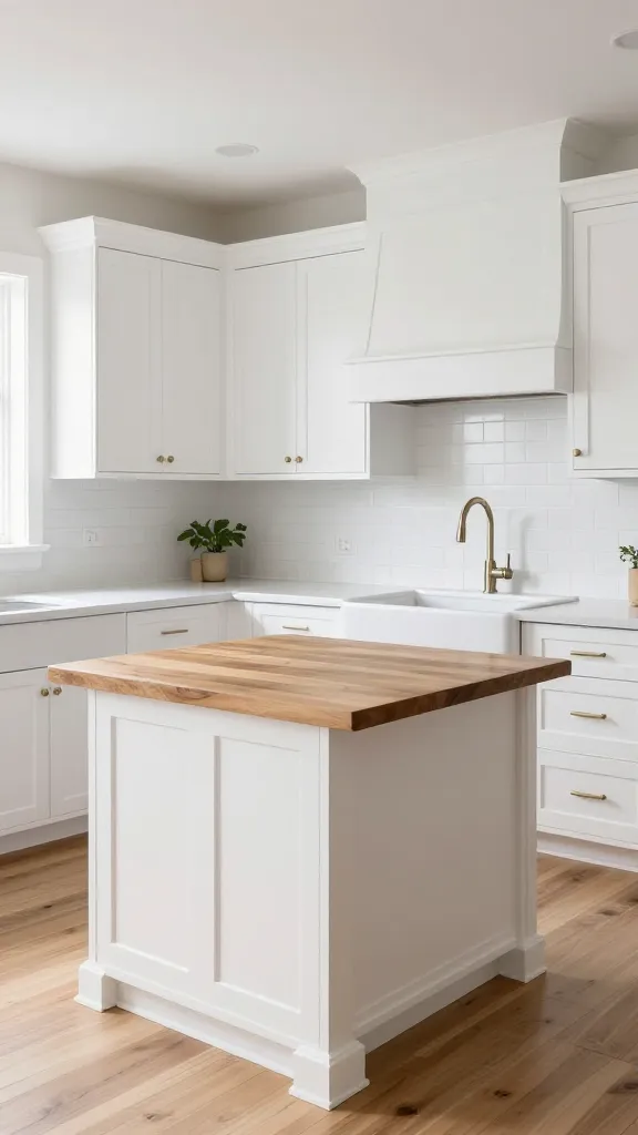 A high-quality, realistic photograph capturing a bright and airy modern farmhouse kitchen. Crisp white Shaker cabinets dominate the space, featuring simple, elegant brushed nickel hardware. A stunning, thick natural wood countertop crowns a large central kitchen island, which also has a white Shaker base. Perimeter countertops are a clean white quartz. A classic white subway tile backsplash extends up to the upper cabinets. Warm natural wood plank flooring grounds the room. A white ceramic apron-front farmhouse sink with a sleek brushed nickel faucet is integrated. The overall aesthetic is timeless, clean, and sophisticated, with subtle modern farmhouse styling.