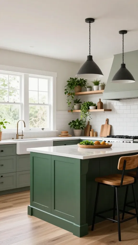 A realistic, high-quality interior photo of a modern farmhouse kitchen, bathed in bright natural light. The design embodies a serene and organic aesthetic, featuring sage green shaker-style cabinetry. A large kitchen island, painted a deep forest green, serves as a focal point, topped with a polished white quartz countertop. The backsplash is composed of classic white subway tiles. Abundant live plants, including potted herbs and trailing greenery, are strategically placed on countertops, open natural wood shelving, and hanging near large windows. Natural wood accents are prominent throughout, from cutting boards to bar stools at the island. Matte black hardware adorns the cabinets and island. The flooring is a light, wide-plank wood. Modern farmhouse pendant lights with a dark finish hang above the island, casting a warm glow. The overall impression is one of calm, refreshing elegance and chic, contemporary farmhouse style.