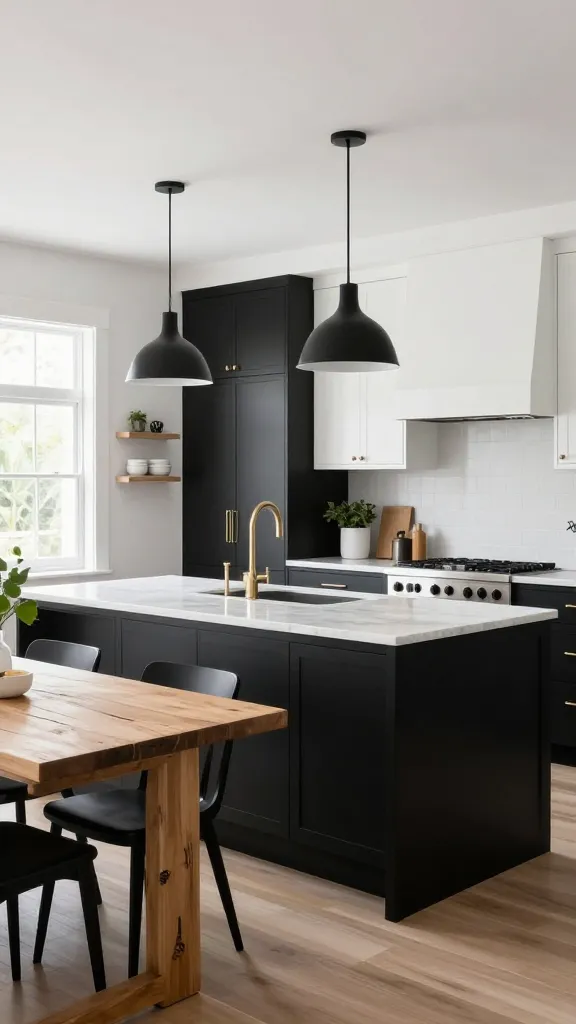 A high-contrast, modern farmhouse kitchen, captured in a realistic, high-quality photograph. The design features matte black lower cabinets and crisp white upper cabinets, creating a sharp, sophisticated look. A striking black kitchen island with a light marble countertop stands prominently in the center, against clean white walls. Above the island, two sleek black pendant lights hang. To add warmth, a distressed light wood dining table with modern black chairs is positioned in an adjacent open space. Open shelving on one wall displays curated white ceramic dishes and small green plants. The flooring is light wide-plank wood. Abundant natural light streams in through a large window, highlighting the textures and bold black and white palette.
