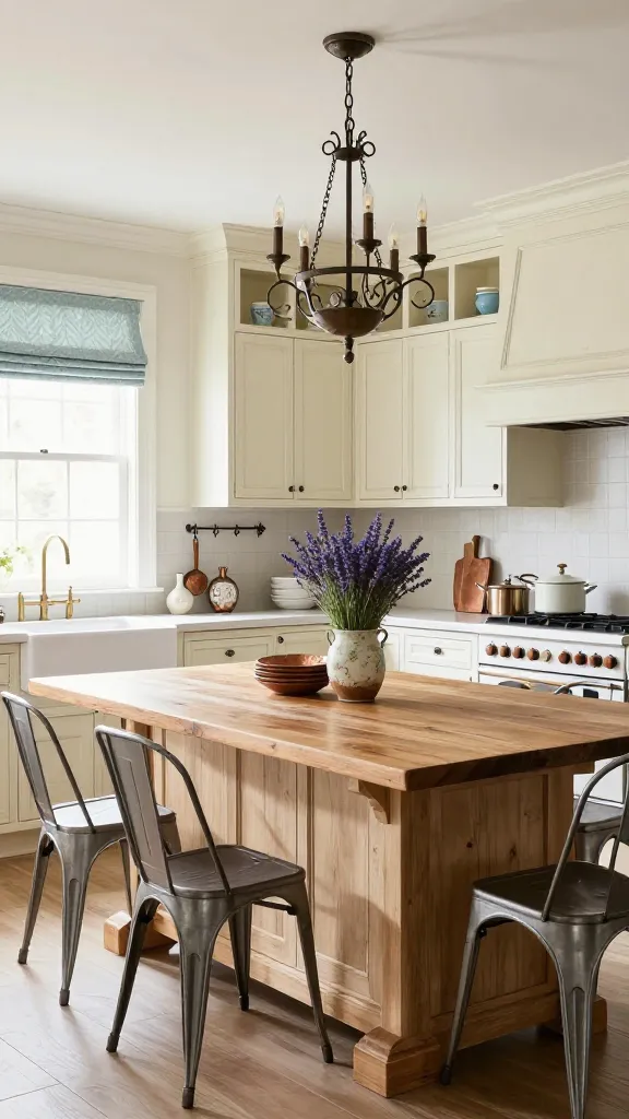 A high-quality, realistic photograph of a modern farmhouse kitchen, elegantly blending French Country charm. Soft cream-colored cabinetry with a lightly distressed finish lines the walls, complemented by a large, central island made from a rustic, reclaimed wood farmhouse table. The table is surrounded by delicate wrought iron bistro stools. Overhead, a wrought iron chandelier with subtle floral motifs casts a warm glow. Light blue accents are visible in a few decorative ceramic pieces or a patterned linen window treatment. Natural light floods the space, highlighting details like a vintage copper pot hanging from a wrought iron rack and a vase of fresh lavender on the island. The kitchen feels sophisticated, romantic, and incredibly welcoming. No text.