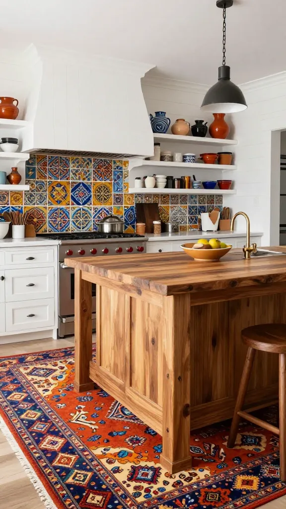 A high-quality, realistic photo of an eclectic modern farmhouse kitchen, brimming with global charm and personal touches. Dominating the center is a substantial, rustic wooden island with a natural finish, serving as a focal point. Beneath it, a vibrant, intricately patterned Moroccan rug in warm jewel tones adds a rich layer of texture and color to the classic farmhouse floor. Open shelving along a white shiplap wall displays a curated collection of unique, handcrafted pottery and artisanal finds from various international travels, each piece telling its own story. A lively, colorful patterned tile backsplash provides a striking visual accent behind the range. The space feels wonderfully vibrant, collected, and inviting, with natural light illuminating the blend of rustic farmhouse architecture and global decorative elements. No text on image.