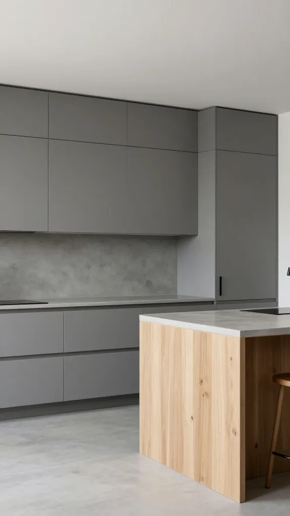 A high-quality, realistic photo of a minimalist modern farmhouse kitchen. The space features sleek, handle-less cabinetry in a sophisticated greige tone, emphasizing clean lines and understated beauty. Smooth concrete countertops provide a functional, uncluttered surface. A light-toned natural wood island stands centrally, adding warmth without sacrificing minimalism. Thoughtful, integrated storage solutions are subtly incorporated, showcasing a focus on quality materials. The kitchen is bathed in soft natural light, creating a calm, collected, and incredibly chic atmosphere. Professional interior photography, no text.