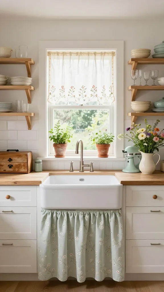 A bright and inviting modern farmhouse kitchen, infused with a whimsical cottage core aesthetic, features a large white ceramic farmhouse sink adorned with a charming light sage green floral-patterned fabric skirt. Above the sink, a sun-drenched window with delicate sheer floral-embroidered curtains displays a small, thriving herb garden in rustic terracotta pots on the sill. Open wooden shelving flanks the window, artfully showcasing an array of cream and pastel-colored vintage-inspired dishware and glassware. The kitchen boasts clean white shaker cabinets, warm light wood countertops, and a crisp white subway tile backsplash, complemented by charming vintage finds like a rustic bread box, a pastel stand mixer, and a ceramic pitcher overflowing with fresh wildflowers. The scene is captured in a high-resolution, realistic photograph with soft natural light, creating a sweet, idyllic, and utterly romantic atmosphere. No text.
