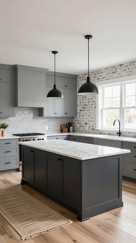 A high-angle, wide shot of a modern farmhouse kitchen, exuding understated elegance and warmth. The space showcases a sophisticated spectrum of gray tones, with light dove gray shaker-style cabinets extending to the ceiling. A substantial kitchen island in deep charcoal gray, revealing a subtle dark wood grain on its base, is topped with a thick, light-colored quartz countertop. A textured, light gray subway tile backsplash adds visual interest, while a prominent accent wall of white-washed gray brick provides a rustic, inviting texture. A natural fiber, subtly patterned woven rug lies on the light-toned, wide plank engineered wood flooring. Matte black hardware, two elegant matte black pendant lights over the island, and abundant natural light streaming from a large window complete this calming and modern interior. Realistic, high-quality photograph.