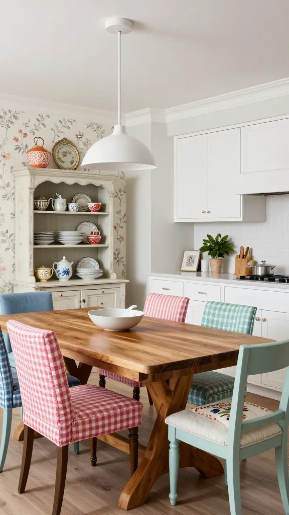 A high-quality, realistic photograph of a Grand Millennial Farmhouse kitchen, artfully blending nostalgic charm with modern updates. The centerpiece is a classic wooden farmhouse dining table, surrounded by an eclectic mix of mismatched chairs; some upholstered in a vibrant chintz pattern, others painted in soft, coordinating hues. A prominent vintage hutch, perhaps distressed white or light wood, displays an artfully curated collection of antique dishware and whimsical decor. An accent wall features a subtle, elegant floral wallpaper, while the main kitchen cabinetry is clean, updated white shaker style with sleek, light-toned countertops. Modern, minimalist pendant lights hang gracefully above the table, providing a striking contemporary contrast. A small, decorative needlepoint cushion rests on a nearby bench or chair. The room is brightly lit with natural light, exuding a playful, fashionably nostalgic, and personality-filled atmosphere.