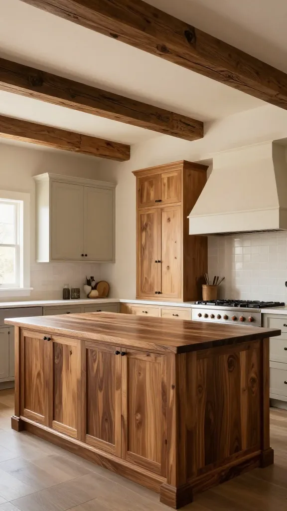 A wide, inviting, and professional-grade photograph of a modern farmhouse kitchen, radiating warmth and rustic authenticity. The ceiling features prominent, exposed dark wood beams, adding significant architectural character. A large, stunning walnut island with a thick, polished countertop serves as the magnificent centerpiece, its rich, dark wood grain beautifully highlighted. Surrounding the island, a thoughtful mix of cabinetry is visible: some upper and lower cabinets are crafted from natural, light-toned wood, showcasing their inherent beauty, while others are painted in a soft, neutral off-white or light greige to create a balanced contrast. The walls are a warm, creamy white, allowing the varied wood tones to be the undisputed focal point. Abundant natural light filters in, casting a gentle glow that emphasizes the textures and creates a cozy, 'warm hug' atmosphere, perfect for gathering. The overall impression is one of serene elegance and comfort, with meticulous attention to detail. No text.
