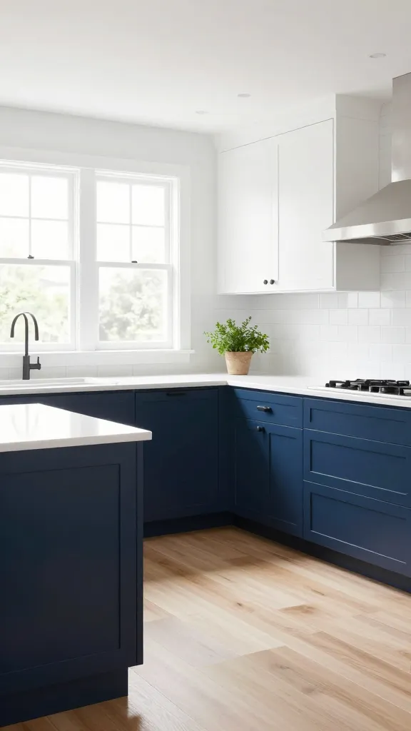 Realistic, high-quality photo of a bright and inviting modern farmhouse kitchen. The kitchen features shaker-style navy blue lower cabinets and crisp white upper cabinets. A clean white subway tile backsplash extends to the ceiling. Light, natural wood flooring runs throughout the space. White quartz countertops provide a sleek surface. Large windows with white trim flood the kitchen with abundant natural light, making the room feel wonderfully uplifting, crisp, and serene. Subtle modern farmhouse decor elements, like simple matte black hardware and a small potted herb plant on the counter, enhance the fresh, clean aesthetic. No text.