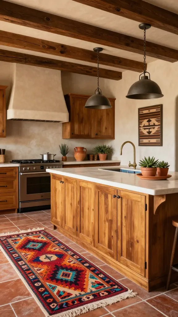 A professional, high-quality photograph of a modern farmhouse kitchen seamlessly blending Southwestern aesthetics. The kitchen features warm, medium-toned wooden cabinetry with wrought iron pull handles, complemented by rustic terracotta tile flooring. Dark, exposed wooden beams stretch across the ceiling, from which hang elegant wrought iron pendant lights over a large central island. A vibrant, patterned rug, rich in geometric motifs and earthy colors reminiscent of Navajo textiles (deep reds, oranges, turquoise, and browns), anchors the main cooking area. Light, textured countertops and a subtle earthy-toned backsplash provide a serene backdrop for unique cultural touches like handcrafted pottery, potted succulents, and a piece of Southwestern-inspired wall art. The space is bathed in warm, natural light, creating an inviting, grounded atmosphere full of character and rich textures.