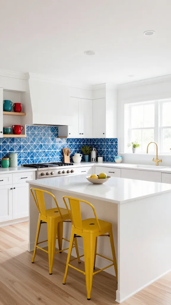A high-angle, wide shot of a pristine, bright modern farmhouse kitchen. The kitchen features crisp white Shaker cabinets, seamless white quartz countertops, and white painted walls. A vibrant geometric pattern backsplash in cobalt blue and white serves as a striking focal point above the stainless steel range. A large kitchen island with a white countertop is paired with two brightly colored mustard yellow metal bar stools. On open shelving, a curated collection of colorful pottery in various shades of red, teal, and green adds playful personality. Natural light streams in from a large window, illuminating the light oak wood flooring. The overall aesthetic is clean, inviting, and effortlessly chic. Photorealistic, high-quality.
