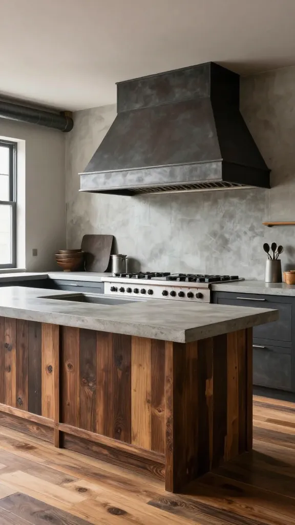 A high-quality, realistic photo of an urban farmhouse edge kitchen. The scene features a prominent, large, dark-stained wooden island topped with a thick concrete countertop. Perimeter countertops are also concrete, providing a raw, industrial feel. A striking dark metal industrial-style range hood is a focal point above the range, with subtle exposed dark metal piping visible near the ceiling. Warm, wide-plank wood floors run throughout the space, complementing the cool concrete and dark metal accents. Natural light streams into the sophisticated, edgy kitchen, highlighting the effortless blend of industrial grit and cozy farmhouse elements.