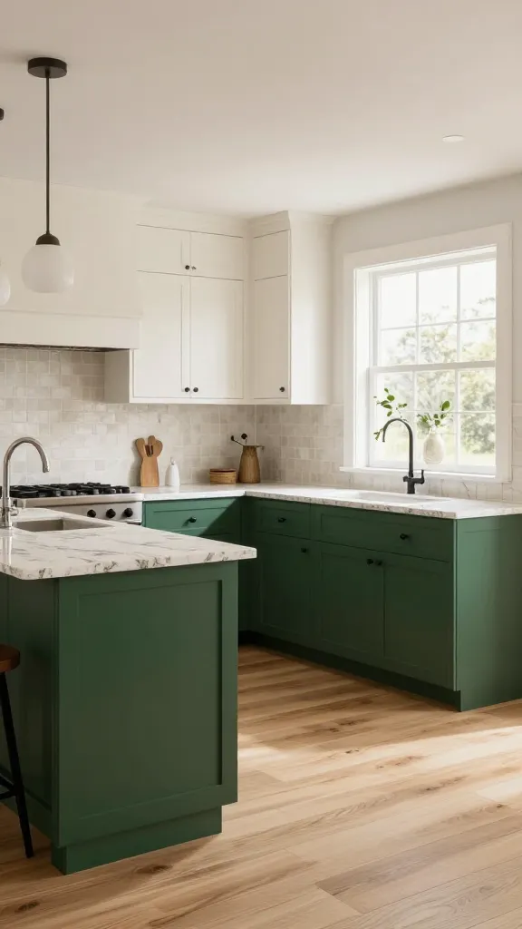 A high-quality, realistic photograph of a stylish modern farmhouse kitchen featuring custom two-tone cabinetry. The lower cabinets are a deep, rich forest green, providing a bold anchor, while the upper cabinets are a soft, creamy off-white, creating visual depth and contrast. Light, veined quartz countertops complement the green base, paired with a subtle, textured cream zellige tile backsplash. Matte black cabinet hardware and fixtures add a contemporary touch. The kitchen boasts warm wide-plank oak flooring and is bathed in natural light from large windows. A large island, also with a forest green base, is topped with the same quartz and features sleek, modern farmhouse pendant lighting above. The space is accessorized minimally with natural wood elements and a simple vase of fresh greenery, embodying custom elegance. Eye-level, wide shot.
