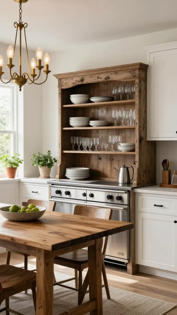 A highly detailed, realistic professional photograph of a modern farmhouse kitchen, masterfully blending vintage charm with contemporary design. The focal point is a large, beautifully distressed antique wooden hutch, displaying a curated collection of ceramic dishes and vintage glassware. Above a sturdy, classic reclaimed wood farmhouse dining table, an ornate antique brass chandelier with exposed filament bulbs casts a warm, inviting glow. Sleek, stainless steel modern appliances are seamlessly integrated into clean, white shaker cabinetry with simple black hardware. The walls are a soft, creamy white, and a large window allows natural light to flood the space, highlighting a few potted herbs on the windowsill. The overall aesthetic is personal, cozy, and full of character, feeling both storied and utterly charming.