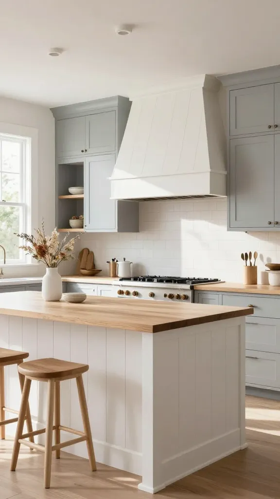 A sun-drenched, serene modern farmhouse kitchen, impeccably designed with a cohesive aesthetic. The prominent kitchen island features crisp white shiplap paneling, topped with a warm, light natural wood countertop. Above the professional-grade range, a custom range hood is elegantly clad in matching crisp white shiplap. Select upper and lower cabinet fronts are finished in a soft, light gray paint, some subtly incorporating shiplap texture. Natural light streams through a large window, illuminating the airy space and highlighting subtle natural wood accents on open shelving and minimalist bar stools. The overall atmosphere is refined, elevated, and inviting. High-resolution interior design photography, wide shot, sharp focus, soft natural light, no text.