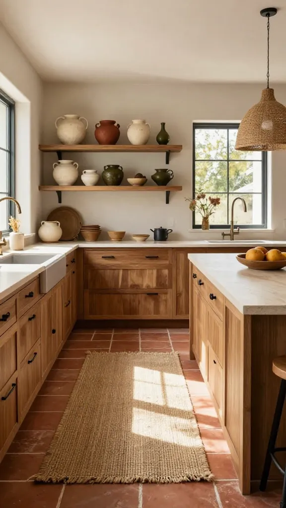 A realistic, high-quality eye-level photograph of a warm and inviting modern farmhouse kitchen. The floor is paved with rustic terracotta tiles, leading to rich, natural wood cabinetry featuring clean lines and matte black hardware. A substantial kitchen island with a light, natural stone countertop anchors the space. Above the counters, open shelving displays a curated collection of textured pottery in shades of cream, rust, and deep olive. Woven elements are subtly integrated through pendant light shades above the island and a large, natural fiber rug. Sunlight streams in through a large window, highlighting the organic textures and earthy tones, creating an incredibly grounding and wonderfully lived-in atmosphere. No text.