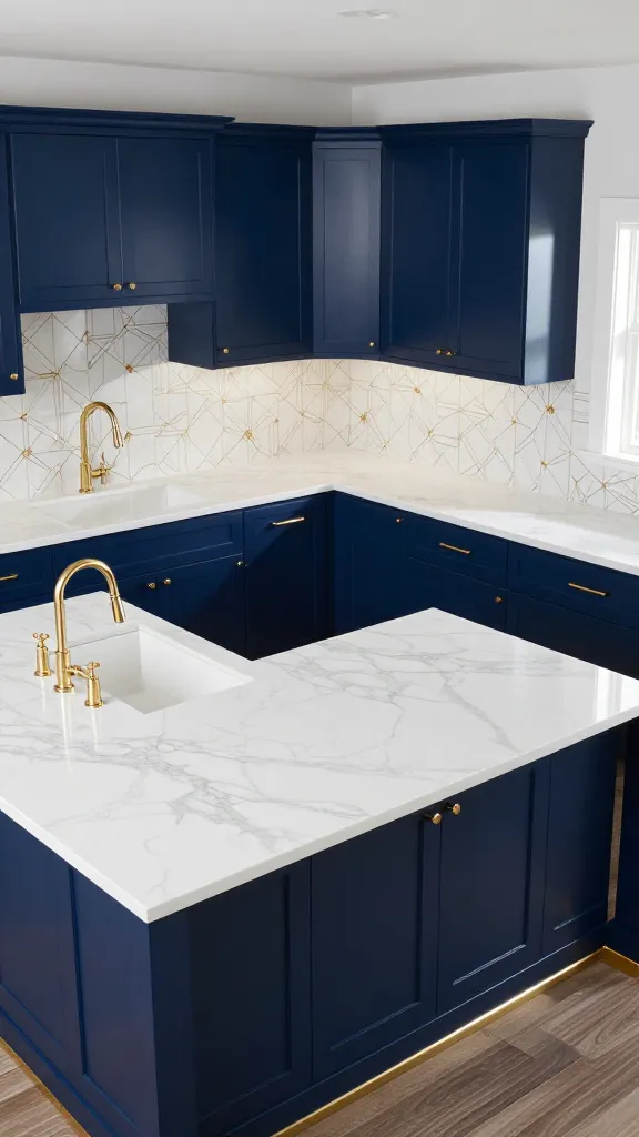 A high-angle, realistic, high-quality photo capturing a sophisticated modern farmhouse kitchen. The space features sleek navy blue shaker-style base and upper cabinets, adorned with stunning polished gold hardware and a matching gooseneck faucet. Luxurious white marble-look countertops extend across a large central island and perimeter cabinetry. A subtle geometric pattern backsplash in white and gold tones adds to the glam factor. Natural light floods the room, accentuating the rich textures and reflective surfaces. The overall ambiance is elegant, bold, and high-end chic, with a deep farmhouse sink integrated into the island. No text.