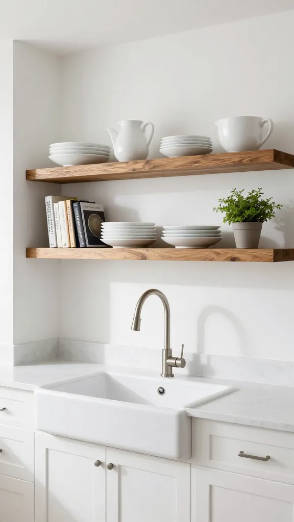 A high-quality, realistic photograph of a bright, airy, and impeccably clean Modern Farmhouse kitchen. The central focus is a wall section showcasing two levels of thick, floating shelves made from warm-toned reclaimed wood. These shelves are meticulously organized, displaying a curated collection of classic white ceramic dinnerware, a few aesthetically pleasing cookbooks, and a small, vibrant potted herb plant. Directly beneath the open shelving are crisp white shaker-style base cabinets, topped with a smooth white quartz countertop. A sleek, gooseneck modern farmhouse faucet extends over a large, white apron-front sink, partially visible. The scene is bathed in natural light, emphasizing the functional yet personal and tidy aesthetic. No text.