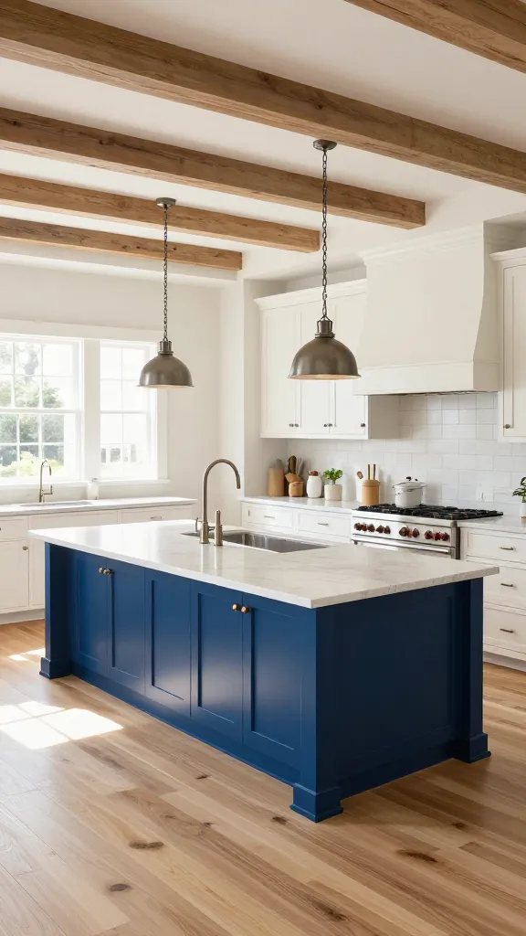 A high-angle, realistic, professional photograph of a bright and airy modern farmhouse kitchen. The undisputed star of the room is a large, striking deep ocean blue kitchen island with a light quartz countertop, acting as a vibrant anchor. Elegant industrial-style pendant lights hang above the island. The perimeter cabinetry is a clean, crisp off-white, allowing the blue island to truly pop. Modern stainless steel appliances are subtly integrated. The room features elements of modern farmhouse design such as exposed light wood beams on the ceiling, light oak hardwood floors, and a shiplap accent wall. Abundant natural light streams in, creating a warm and inviting atmosphere. No text.