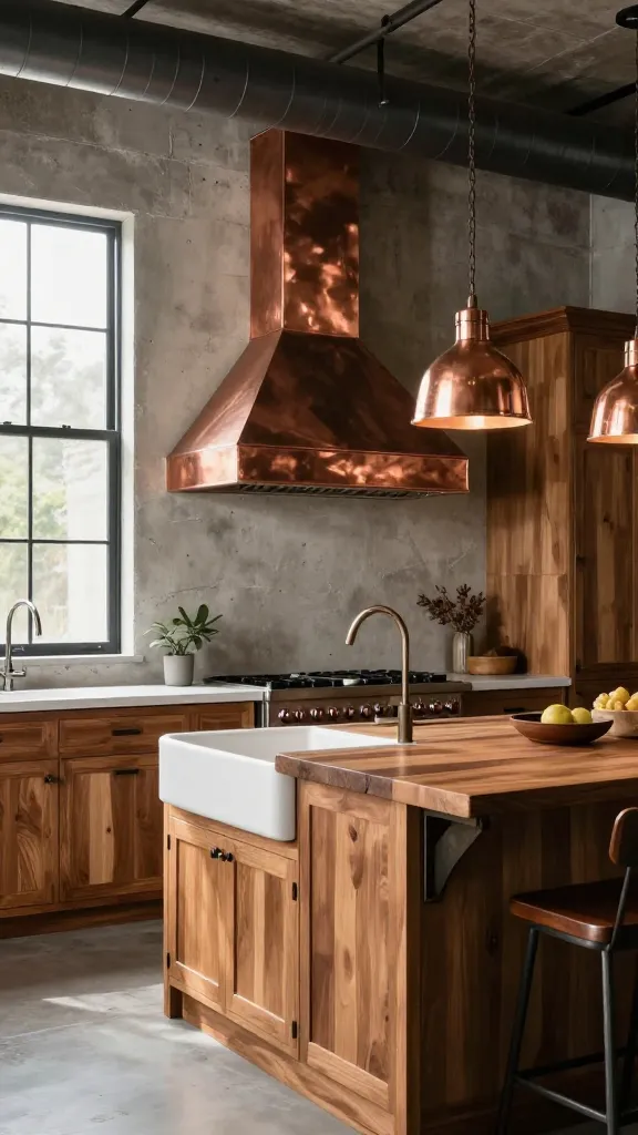 A high-quality, realistic photo of a sophisticated modern farmhouse kitchen, blending industrial grit with warm elegance. The kitchen features an exposed concrete accent wall and visible dark metal ductwork on the ceiling, softened by rich, natural warm wood cabinetry and a classic white ceramic farmhouse sink. A lustrous, polished copper range hood serves as a striking focal point above a professional stove, perfectly complemented by two elegant copper pendant lights suspended over a large wooden island. Industrial-style dark metal hardware and bar stools add to the raw aesthetic, while abundant natural light from a large window illuminates the unique textures and creates an inviting, refined atmosphere. No text.