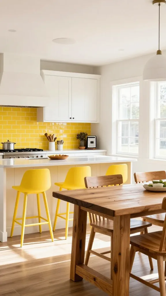 A bright, welcoming modern farmhouse kitchen, bathed in abundant natural light. Creamy white shaker-style cabinets line the walls, complemented by crisp white walls. A large kitchen island features a light countertop, with three vibrant yellow backless bar stools neatly tucked underneath. Above the range, a cheerful yellow subway tile backsplash adds a playful pop of color. A large, rustic natural wood farmhouse dining table with matching chairs is prominently placed, grounding the space. Natural wood elements are subtly integrated throughout. The overall atmosphere is optimistic, happy, and inviting, captured in a high-quality, realistic interior photograph with professional lighting and depth of field, free of any text.
