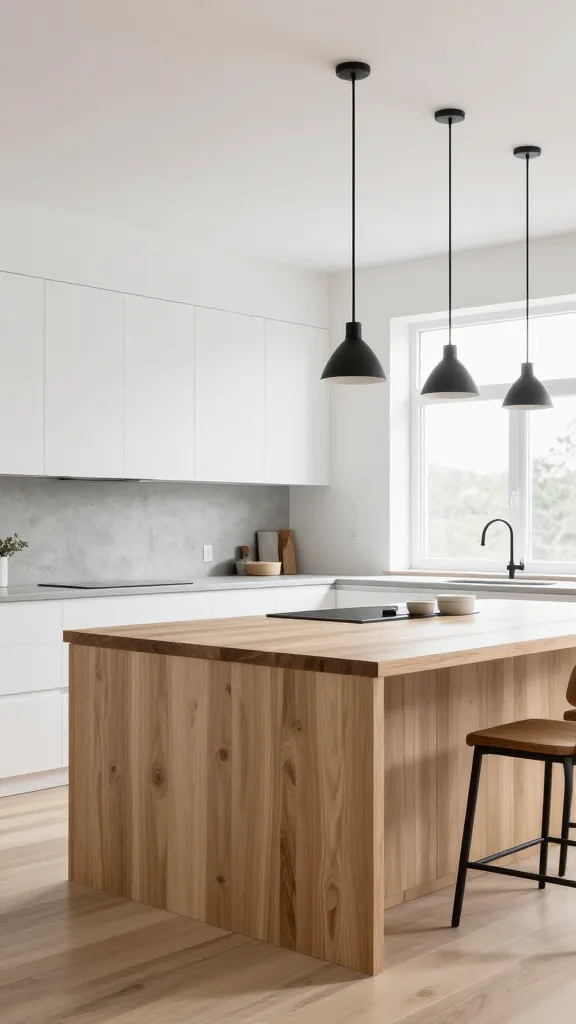 A high-resolution, professional architectural photograph of a modern farmhouse kitchen, masterfully blending Scandinavian minimalism, industrial raw edge, and farmhouse comfort. The kitchen features simple, unadorned flat-panel cabinetry in a mix of light natural wood and crisp white, complemented by sleek matte black metal bar pulls. Two slim, matte black industrial pendant lights hang gracefully over a large, uncluttered natural wood island with a thick, smooth slab top. Perimeter countertops are made of light grey concrete, extending into a minimalist concrete backsplash. The space is bright and airy, flooded with natural light from a large window, showcasing clean white walls and light wide-plank wood flooring. The overall aesthetic is streamlined, functional, chic, and incredibly practical, with realistic textures and sharp focus.
