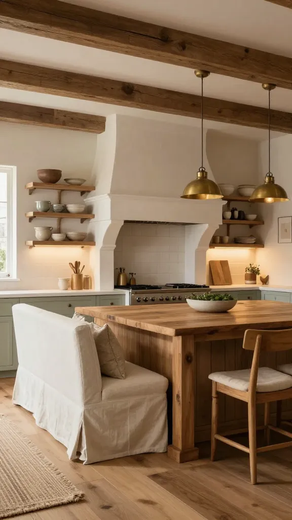 A high-quality, professional interior photograph capturing a warm and inviting modern farmhouse kitchen, designed as the ultimate cozy gathering spot. The central focus is a large, substantial natural wood island, serving as a central hub, featuring integrated banquette seating upholstered in a soft, cream-colored linen. Above the professional-grade range, a grand, plaster-finished range hood is meticulously designed to resemble a traditional fireplace mantel, creating a prominent hearth-like focal point. The kitchen is bathed in soft, warm ambient light from strategically placed antique brass pendant lights over the island and subtle under-cabinet lighting, enhancing the inviting atmosphere. Abundant natural wood elements are visible throughout, including wide-plank oak flooring, exposed wooden beams on the ceiling, and open shelving showcasing curated ceramic dishes. Warm textiles like a textured woven rug and throw pillows on the banquette seating further enhance the comfort and coziness. The overall aesthetic exudes rustic elegance and a lived-in warmth, with a palette of creamy whites, natural wood tones, and subtle sage green accents. No text.