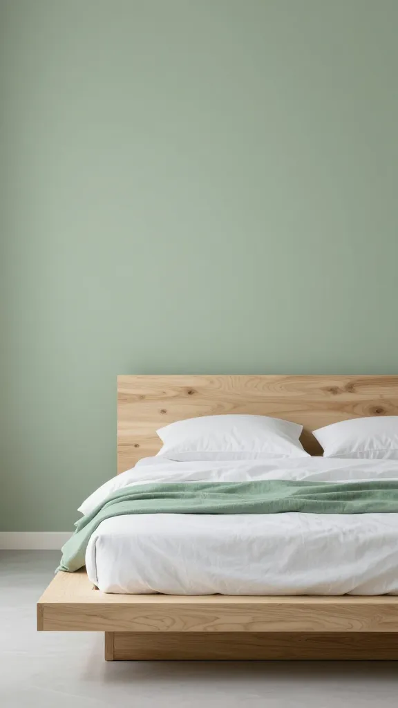 A photorealistic, high-resolution interior shot of a minimalist zen bedroom. Soft sage green walls provide a soothing backdrop. In the center, a low-profile platform bed crafted from light natural wood (birch or ash) is meticulously made with crisp white linens. A single sage green throw blanket is neatly folded at the foot of the bed. The room emphasizes clean lines, an uncluttered aesthetic, and a tranquil, peaceful ambiance, bathed in soft, natural light, professional interior photography.
