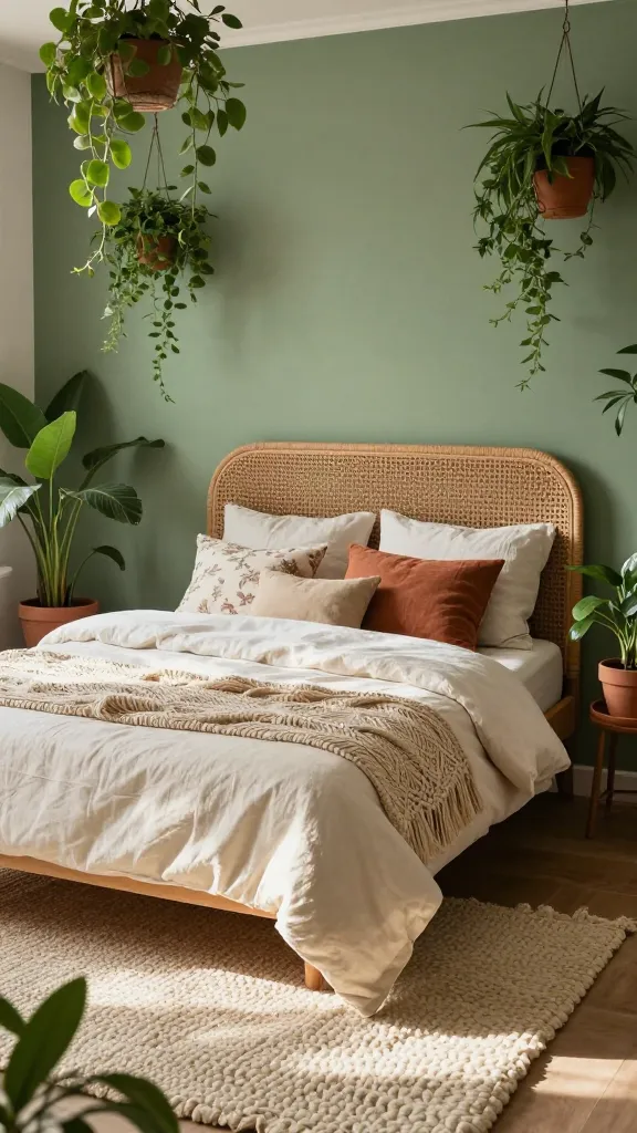 A high-angle, realistic, high-quality photograph of a serene boho earthy sanctuary bedroom. The main focus is a queen-sized bed with a prominent woven rattan headboard, positioned centrally against a soft sage green accent wall. The bed is adorned with a layered mix of textures: a creamy white duvet is topped with a decorative macrame throw, complemented by linen pillows in shades of cream and terracotta, and a subtle, muted floral print pillow. On the floor, a plush, chunky cream knit rug is layered over a natural jute rug, adding warmth and depth. Lush green hanging plants cascade gracefully from the ceiling or a wall fixture, while a few vibrant floor plants in terracotta pots are strategically placed around the room, enhancing the natural, grounded feel. Soft, natural sunlight streams into the room, highlighting the rich textures and creating a warm, inviting atmosphere. No text.