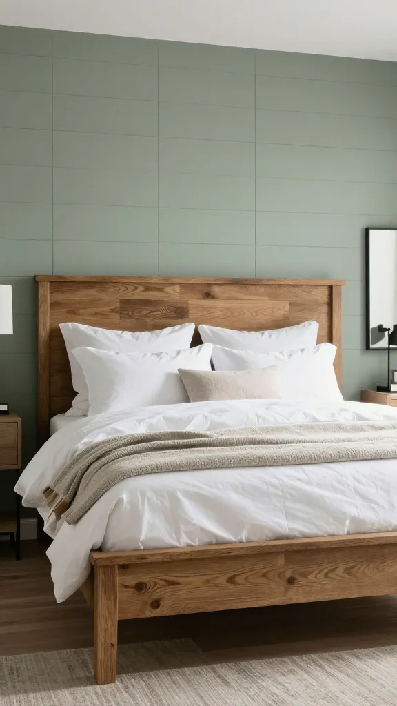 A high-quality, realistic interior design photograph of a modern farmhouse bedroom. The room is anchored by a substantial wooden bed frame with a slightly distressed finish, serving as the focal point. Behind the bed, a feature wall with subtle shiplap paneling is painted in a muted sage green. Crisp white bedding and soft, textured throws adorn the bed, creating a cozy and inviting look. Black metal accents introduce a modern touch, visible in a sleek bedside lamp on a simple nightstand and a minimalist framed mirror. The room is bathed in soft, natural light, emphasizing its chic and comfortable ambiance. No text on images.