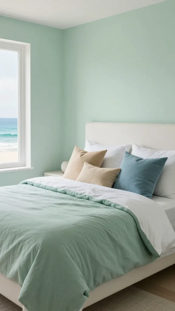 A high-quality, realistic photo of a serene coastal calm oasis bedroom. The walls are painted a light, airy seafoam sage green, reminiscent of gentle ocean waves. A comfortable queen-sized bed with a crisp white upholstered headboard is the focal point. The bed is layered with soft white linens, topped by a richly textured sage green duvet cover. Accent pillows in varying shades of sandy beige and muted ocean blue are artfully arranged, adding pops of coastal color. Abundant natural light floods the room, creating a bright, refreshing, and incredibly peaceful atmosphere, evoking the soothing vibes of a seaside escape. No text.
