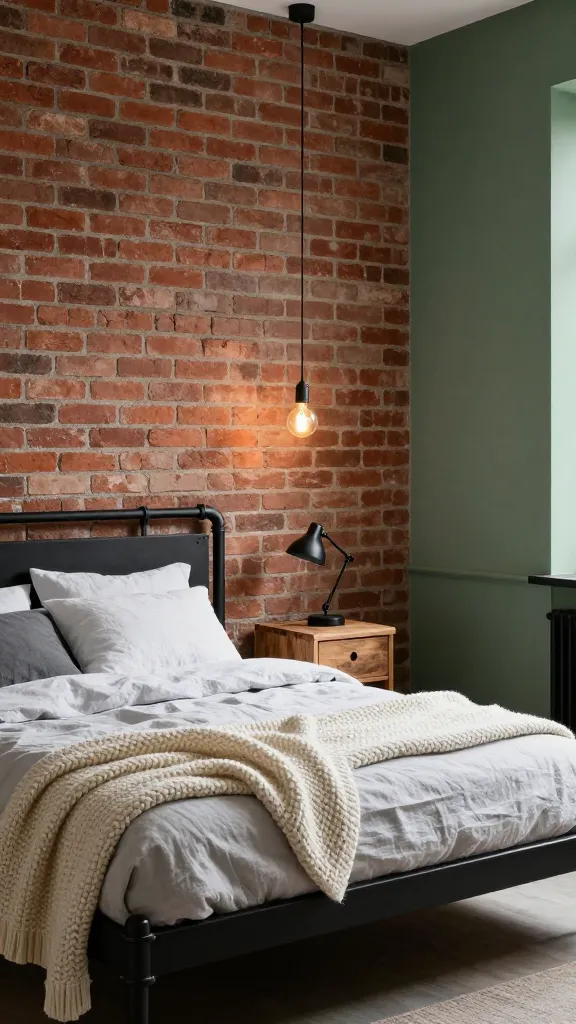 A high-quality, realistic interior photograph of an inviting urban industrial bedroom. The room features a prominent exposed red brick wall, perfectly complemented by the other visible walls painted in a deep, desaturated sage green. A sturdy black metal pipe bed frame anchors the room, holding a comfortable, dark gray mattress. Above the bed, two minimalist industrial pendant lights with exposed filament bulbs hang, casting a warm, inviting glow. The bed is dressed with soft, textured white and light gray linen bedding, accented by a chunky cream knit throw blanket draped casually at the foot. A simple, raw reclaimed wood bedside table sits beside the bed, holding a black metal industrial task lamp. The overall ambiance is a sophisticated balance of raw materials and utilitarian design softened by the calming sage green, creating a surprisingly comfortable and welcoming space, illuminated by soft natural light.