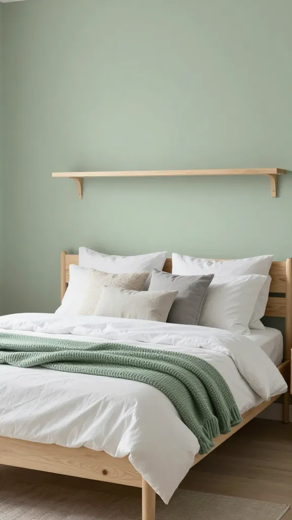 A high-resolution, realistic interior photograph of a serene Scandinavian bedroom, bathed in soft, diffused natural light. The focal point is a simple, low-profile bed frame crafted from light blonde birch wood, positioned against a single accent wall painted a calming, light sage green. The bed is impeccably dressed with crisp white organic cotton sheets, layered with a generously draped chunky knit sage green throw blanket. A selection of textured pillows in muted off-white and light grey tones are artfully arranged. Above the bed, a minimalist floating shelf in matching light blonde wood is mounted on the sage green wall. The scene evokes a strong sense of "hygge" and ultimate comfort, emphasizing simplicity, natural materials, and a warm, inviting atmosphere. Shot with a wide-angle lens to capture the spaciousness. No text on image.