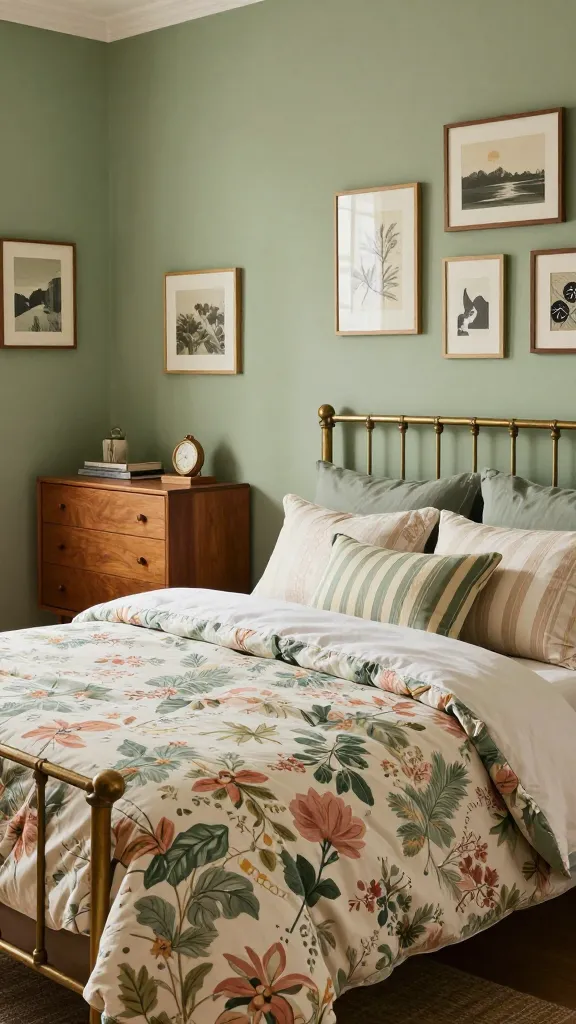 A medium shot of a vintage eclectic bedroom with warm, inviting sage green walls. A beautifully made bed features a vintage brass bed frame, adorned with a layered floral duvet in shades of sage, blush, and cream, topped with striped pillows in coordinating colors. To the side, a sleek mid-century modern wooden dresser stands, and the sage green walls are decorated with a curated display of eclectic art pieces, creating a personal and calming haven. Natural light streams in, enhancing the textures and colors. High-quality, realistic photo.