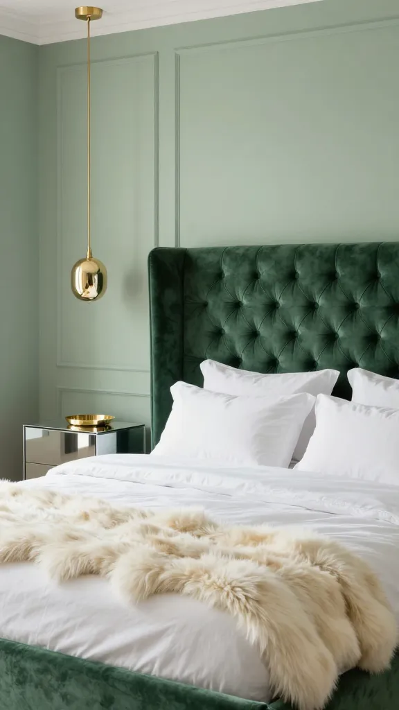 A high-quality, realistic photo of a luxurious and glamorous sage green bedroom. The walls are painted in a soft, muted sage green, providing a serene backdrop. Dominating the scene is a grand bed featuring a deep, rich sage green velvet tufted headboard that commands attention. The bed is impeccably dressed with crisp white, pristine bedding, offering a stark yet elegant contrast. A plush, cream-colored faux fur throw is artfully draped over the foot of the bed, enhancing the opulent feel. On one side, a sleek mirrored nightstand reflects the room's light, topped with a small, elegant gold brass decorative tray. Above the nightstand, a sophisticated gold brass pendant light hangs gracefully, adding a metallic sparkle. The overall ambiance is one of sophisticated drama and ultimate comfort, with luxurious textures and metallic accents elevating the earthy sage green. Natural light streams gently into the room. No text.