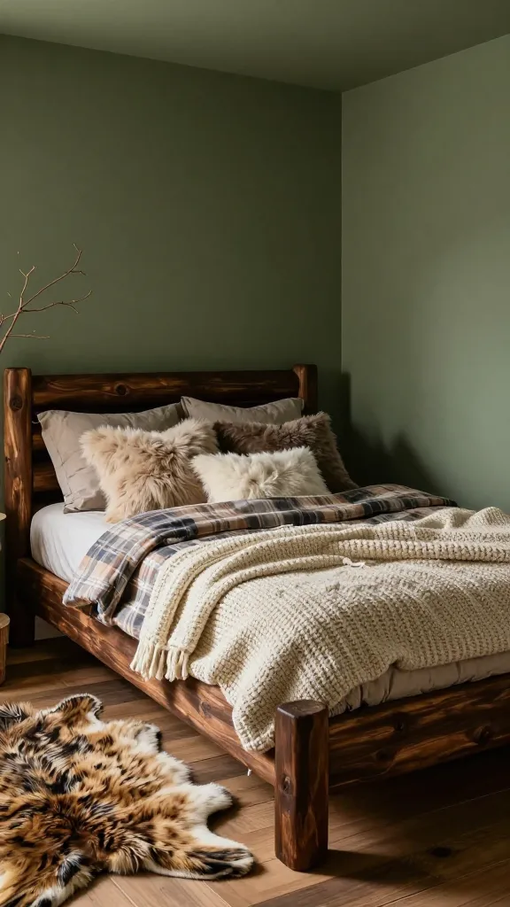 A high-quality, realistic photo of a cozy rustic cabin bedroom, centered around a substantial dark wood log bed frame. The walls are painted a deep, earthy mossy sage green, creating a snug and inviting atmosphere. The bed is lavishly layered with a chunky cream knit blanket, plaid flannel sheets in muted earth tones, and an array of plush pillows featuring soft faux shearling and textured wool. A soft faux animal hide rug rests on the wooden floor beside the bed, enhancing the rustic charm. Natural branches are artfully incorporated as subtle decor elements, adding to the room's nature-inspired comfort. Soft, warm ambient lighting illuminates the scene.