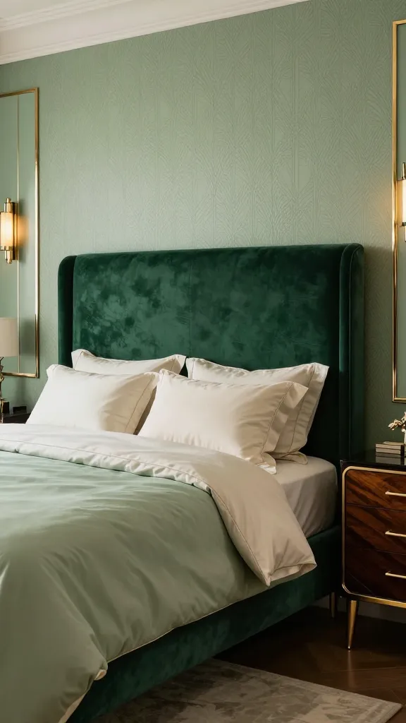 A high-quality, realistic interior photograph of an elegant Art Deco sage green bedroom. The central focus is a grand bed with a plush, deep emerald velvet headboard, positioned against a feature wall adorned with subtle sage green wallpaper showcasing a delicate geometric pattern. Luxurious bedding in soft cream and complementary sage green tones drapes the bed. To one side, a sleek, dark wood dresser with polished brass handles reflects the Art Deco aesthetic. Subtle brass accents are integrated throughout the room, such as in a decorative table lamp or mirror frame, enhancing the sense of refined glamour and sophistication. The lighting is soft and inviting, creating an atmosphere of ultimate comfort. No text.