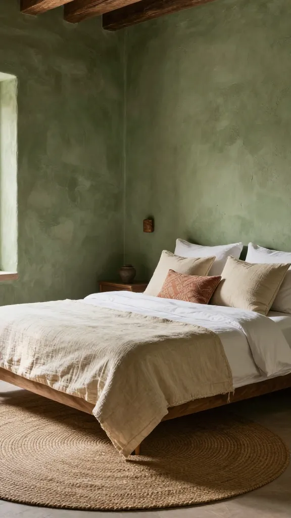A high-quality, realistic photo capturing a serene, sun-drenched Mediterranean sage green bedroom. The room features textured stucco walls painted in a warm, muted olive sage green, reminiscent of olive groves. A low-slung, dark wood bed frame anchors the space, adorned with crisp white linen sheets and a natural flax linen duvet. A couple of textured cream accent pillows and one subtly patterned pillow in a muted terracotta hue are artfully arranged. A large, round woven jute rug lies beneath the bed, adding natural texture. Soft, warm sunlight streams into the room, highlighting the rustic charm and earthy tones, creating an atmosphere of ultimate comfort and an elegant villa escape. No text on image.