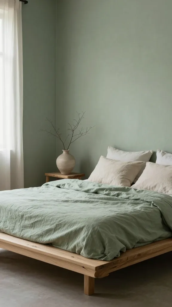 A serene, minimalist Wabi-Sabi inspired sage green bedroom, bathed in soft, diffused natural daylight filtering through a sheer window. The walls are a muted, soft sage green with a visible limewash texture, creating a subtle, organic depth. Dominating the center is a low-to-the-ground platform bed crafted from raw, unpolished light-toned wood, showcasing its natural grain and subtle imperfections. The bed is dressed with simple, organic linen bedding: a subtly crumpled duvet in a soft, muted sage green, complemented by pillows in earthy off-white and light beige linen. A single, hand-thrown ceramic vase with a delicate, minimalist dried branch sits on a small, unadorned wooden side table beside the bed. The overall aesthetic emphasizes authenticity, natural materials, and quiet comfort, captured in a high-resolution, realistic photograph with a shallow depth of field, no text.
