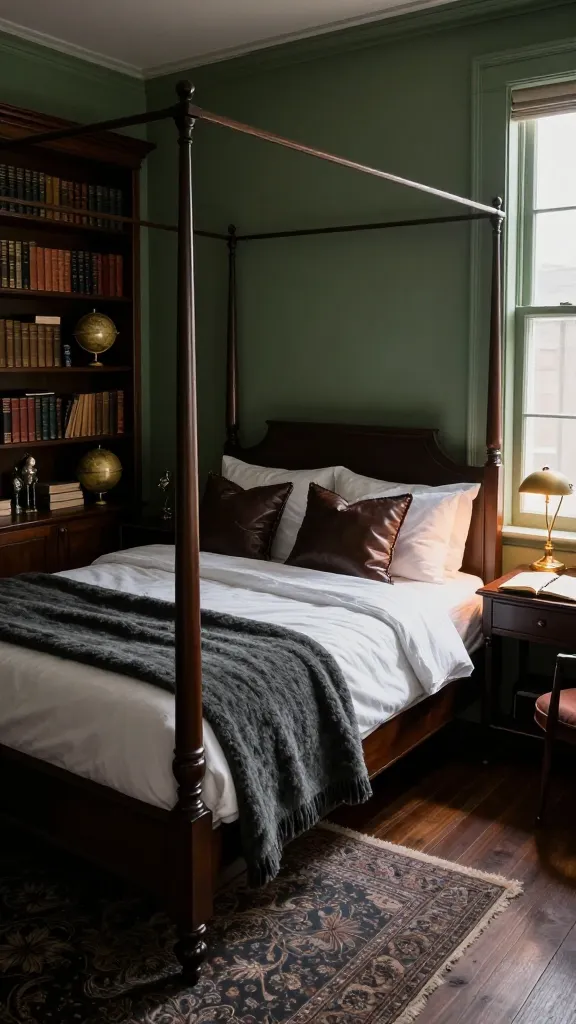 A high-angle, wide shot captures a luxurious and moody dark academia bedroom. The walls are painted a deep, rich sage green, creating an enveloping and sophisticated atmosphere. In the center, a grand dark wood four-poster bed is meticulously made with crisp white sheets, layered with a heavy, textured charcoal grey wool throw draped elegantly at the foot. Two plush dark brown leather-trimmed decorative pillows rest against the headboard, complementing standard white sleeping pillows. To the left, a tall, antique dark wood bookshelf overflows with an eclectic collection of vintage hardback books, interspersed with a brass globe and a small, intriguing curio. To the right, a classic dark wood writing desk features an open leather-bound journal, a vintage brass desk lamp emitting a warm glow, and a quill pen. The room is softly lit by natural light filtering through a large window, creating subtle shadows and highlights. The floor is dark polished wood, partially covered by a muted, Persian-style rug in deep tones. The overall aesthetic is one of intellectual charm, cozy contemplation, and refined elegance. Realistic photography, cinematic lighting, ultra-detailed, no text.
