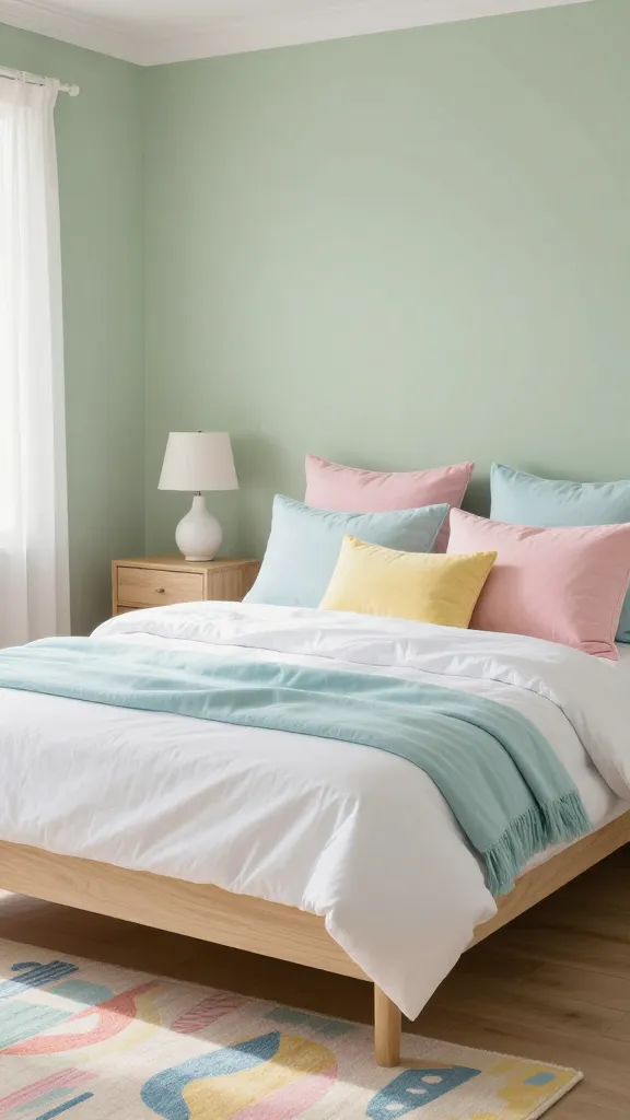 A high-quality, realistic interior photograph of a cheerful and airy bedroom. Soft sage green walls provide a calming, neutral backdrop. A pristine queen-sized bed with a simple light wood frame features crisp white sheets, generously layered with plush pillows and throws in delightful shades of soft pink, baby blue, and pale yellow, creating a playful pastel paradise. A minimalist light wood nightstand holds a simple white ceramic lamp. On the floor, a charming patterned rug in pastel hues, featuring whimsical abstract or geometric shapes, adds a vibrant touch. Abundant natural light floods the room, enhancing the bright, youthful, and utterly comfortable ambiance. No text.