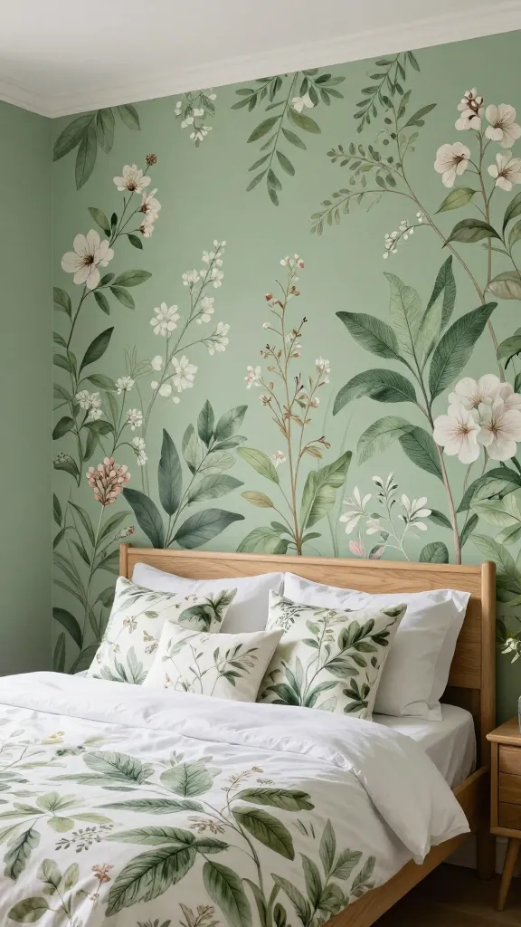 A high-quality, realistic photograph of a vibrant and refreshing botanical garden bedroom. The centerpiece is a simple, natural light wood bed frame, beautifully dressed with crisp white linens and decorative accent pillows featuring intricate botanical prints of sage green leaves and delicate flowers. The wall behind the bed serves as a stunning feature wall, covered in elegant botanical wallpaper depicting lush sage green foliage and subtle, delicate white and light pink blossoms. The remaining walls are painted a solid, complementary shade of sage green, creating a harmonious and immersive garden-like ambiance. Abundant natural light fills the room, enhancing the fresh, comfortable, and serene atmosphere. The scene exudes ultimate comfort and natural elegance. No text.