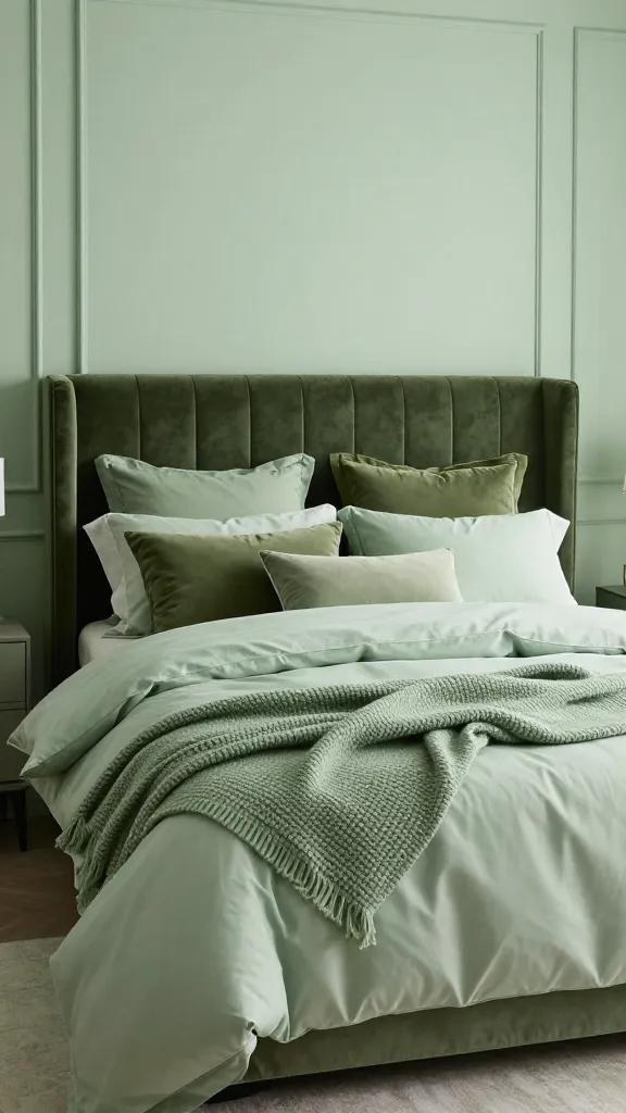 A high-resolution, professional photograph of an exquisitely designed, monochromatic sage green master bedroom, exuding ultimate comfort and sophistication. The walls are painted a soft, light sage green, setting a serene backdrop. A grand king-sized bed stands as the focal point, featuring a deep mossy green velvet headboard. The bed is sumptuously dressed with a crisp, lighter mint green duvet cover, layered with an array of plush pillows in varying textures and shades of sage, including rich olive green and soft dusty sage. A textured sage green knit throw blanket is casually draped at the foot of the bed. Soft, diffused natural light illuminates the room, highlighting the subtle variations in color and texture, creating a deeply calming and inviting ambiance. The overall impression is one of refined elegance and tranquility. No text.
