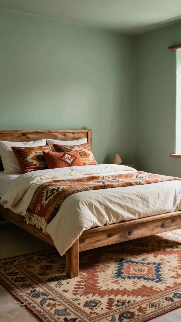A high-quality, realistic photograph of a Southwestern-inspired bedroom, prominently featuring dusty, desaturated sage green walls reminiscent of desert succulents. A sturdy, rustic bed frame made of reclaimed wood anchors the space. The bed is dressed with layered textiles, including a cream duvet and throw pillows showcasing geometric patterns in warm terracotta, burnt orange, and subtle cream. A large, intricately woven rug with a traditional Southwestern motif covers the floor, adding rich texture and color. Soft, warm natural light streams into the room, highlighting the earthy tones and creating a serene, sunbaked sanctuary atmosphere. No text.
