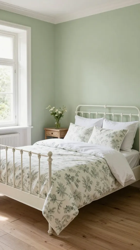 A high-quality, realistic photo of a serene French countryside chic bedroom. The walls are painted a soft, delicate French sage green. In the center, a beautiful distressed white iron bed frame is meticulously made with crisp white linens. A subtly patterned duvet featuring a delicate toile design in muted tones covers the bed, layered with several pillows, some crisp white, some matching the toile pattern. Soft, natural light streams in from a nearby window, illuminating the rustic wooden floor. A simple, antique-style wooden nightstand sits beside the bed, holding a small vase with a few fresh wildflowers. The overall atmosphere is refined, relaxed, and romantically pastoral. No text.