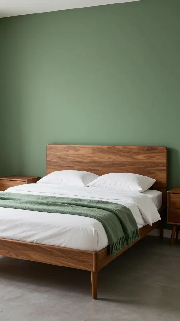 A high-quality, professionally shot interior photograph of a sophisticated mid-century modern bedroom. The walls are painted in a deep, saturated sage green, creating an earthy and calming backdrop. A sleek teak wood bed frame with distinct tapered legs is the centerpiece, dressed with a crisp white duvet and a richly textured sage green throw draped artfully. Flanking the bed are matching mid-century modern teak nightstands, each showcasing clean lines and functional design. Soft natural light illuminates the room, emphasizing the warm wood tones and organic shapes. The scene evokes ultimate comfort and refined mid-century style. No text.