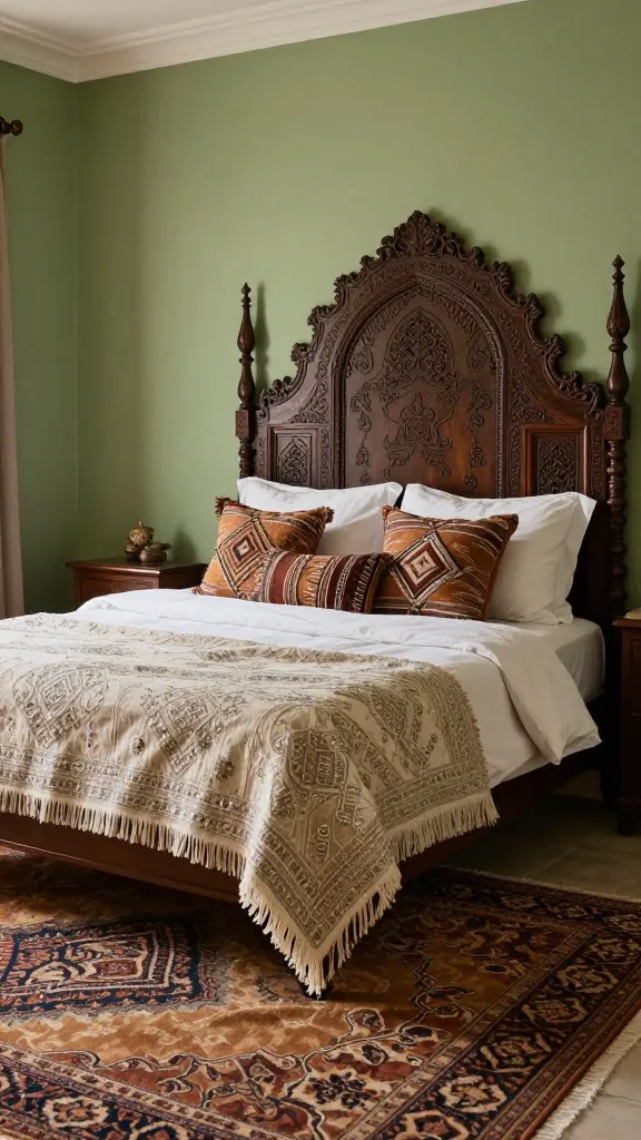 A high-quality, realistic photograph of a serene and inviting eclectic global explorer bedroom. The walls are painted a warm, muted sage green, creating a soothing backdrop. The centerpiece is a luxurious bed featuring a tall, intricately carved dark wooden headboard, reminiscent of Indian craftsmanship. A textured Moroccan wedding blanket with delicate sequins and fringe is elegantly draped as a throw over the foot of the bed. The bed is adorned with layered textiles, including crisp white bedding and a collection of decorative pillows, prominently featuring earthy-toned African mud cloth pillows with geometric patterns. A vintage Turkish rug with rich, intricate patterns and warm hues covers a significant portion of the floor, adding depth and history. Soft, diffused natural light illuminates the space, enhancing the textures and creating an atmosphere of ultimate comfort and well-traveled elegance. No text.